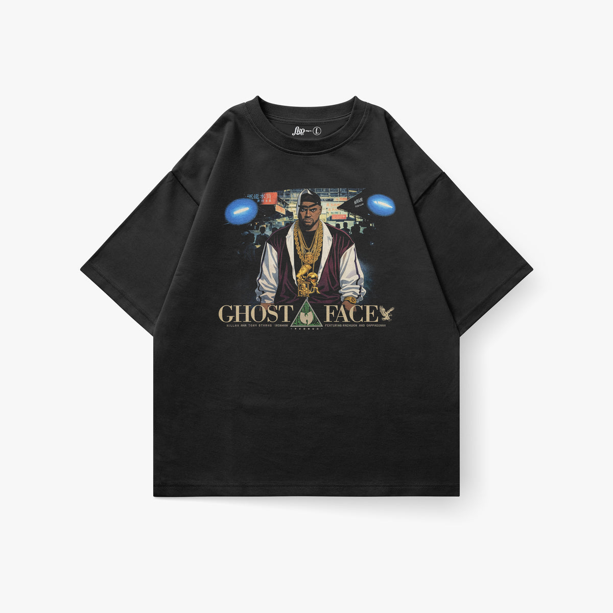 Oversized black heavyweight T-shirt featuring a large front graphic inspired by Ghostface Killah and Ghost in the Shell. The artwork depicts a man wearing layered gold chains, a burgundy and white jacket, and a black durag, standing in a neon-lit futuristic cityscape with cyberpunk, anime-inspired aesthetics reminiscent of Ghost in the Shell. Large vintage-style typography reads “GHOSTFACE,” with FKONYC branding integrated into the design. Product shown on a clean white background.