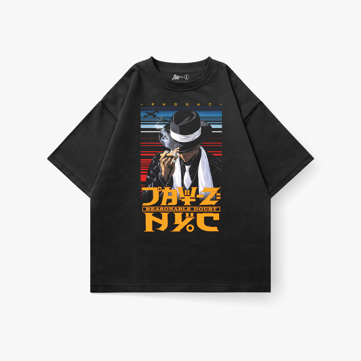 Oversized black heavyweight T-shirt featuring a large front graphic inspired by Jay-Z’s Reasonable Doubt era. The design shows a suited figure wearing a black fedora with a white band, holding a cigar with smoke rising, set against bold red, white, and blue horizontal stripes. Large orange typography reads “JAY-Z,” “Reasonable Doubt,” and “NYC,” with subtle FKONYC branding above the artwork. Product shown on a clean white background.