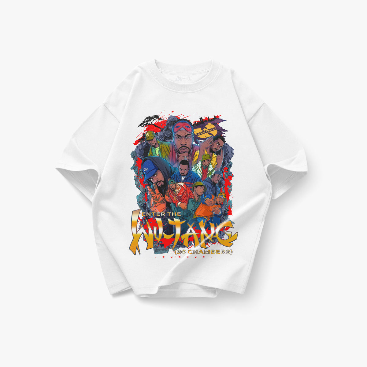 Oversized white heavyweight T-shirt featuring a large front graphic inspired by Wu-Tang Clan and Ninja Scroll. The artwork showcases illustrated portraits of the Wu-Tang members in a bold anime-inspired composition with dynamic red, blue, and gold accents. Large graffiti-style typography reads “Enter the Wu-Tang (36 Chambers),” blending classic hip-hop imagery with Japanese anime aesthetics. FKONYC branding is subtly incorporated into the design. Product shown on a clean white background.
